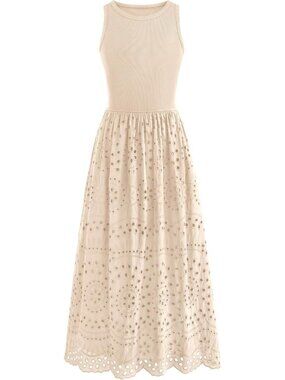 Women's Dress Maxi Beige Crew Neck Short Sleeveles Pockets A Line Casual Summer